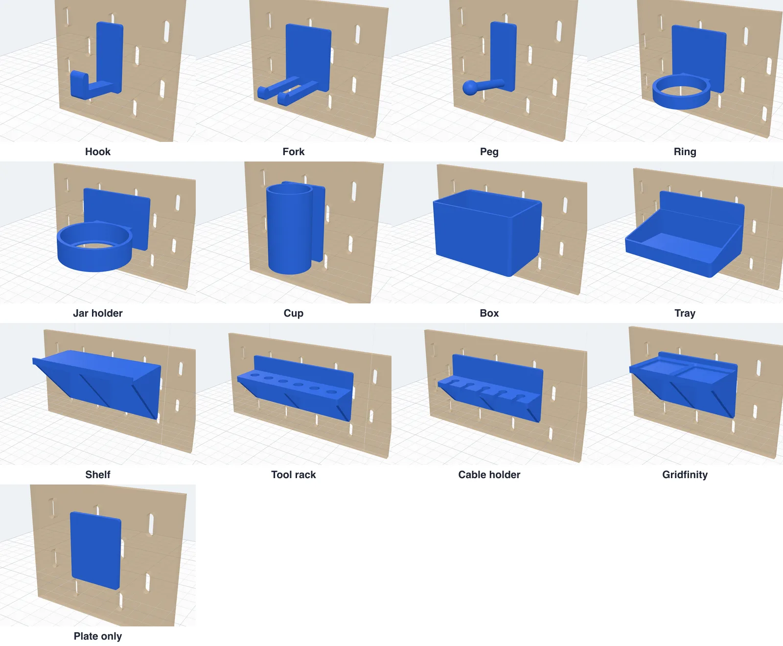 All 13 kinds on a see-through piece of pegboard: hook, fork, peg, ring, jar holder, cup, box, tray, shelf, tool rack, cable holder, Gridfinity and plate only