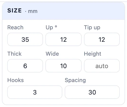 The Size card for a hook: reach, up, tip up, thick, wide, height, hooks and spacing