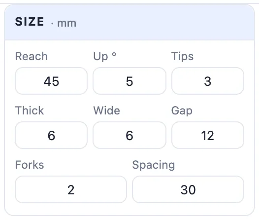 The Size card for a fork: reach, up, tips, thick, wide, gap, forks and spacing