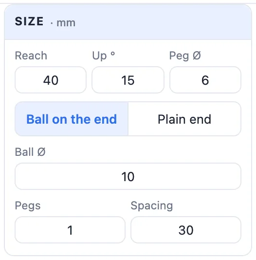 The Size card for a peg: reach, up, peg diameter, ball on the end or plain end, ball diameter, pegs and spacing