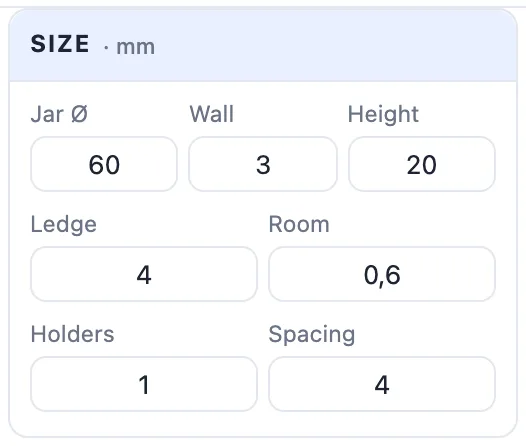 The Size card for a jar holder: jar diameter, wall, height, ledge, room, holders and spacing
