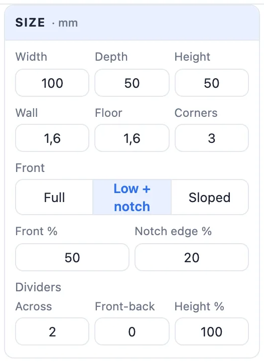 The Size card for a box: width, depth, height, wall, floor, corners, the front and the dividers