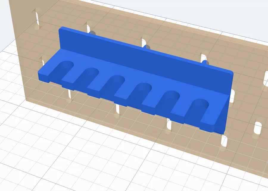 A tool rack with six open slots, on gussets