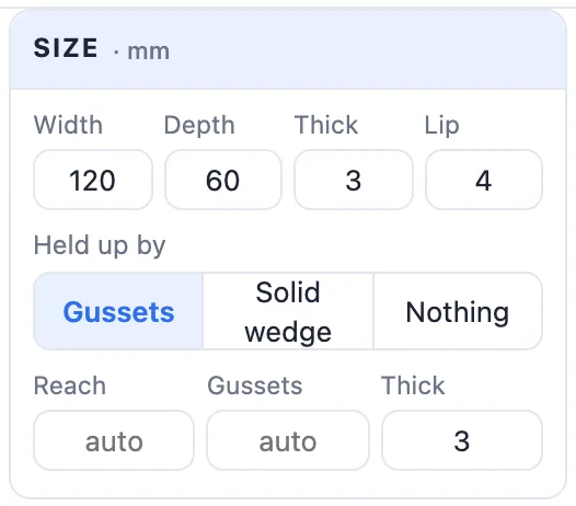 The Size card for a shelf: width, depth, thick, lip, held up by gussets, solid wedge or nothing, reach, gussets and thick