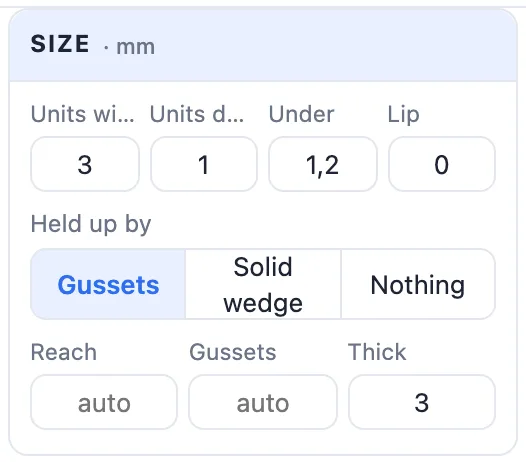 The Size card for Gridfinity: units wide, units deep, under, lip and held up by