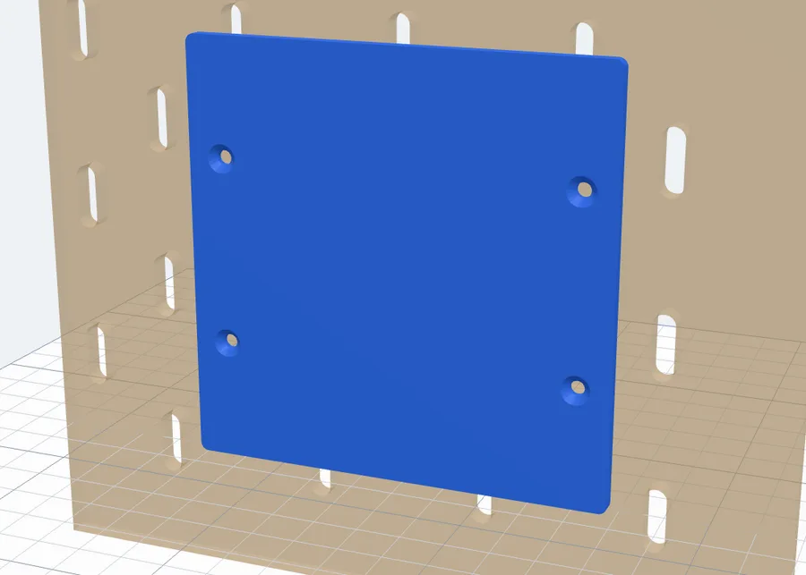 A plate 100 by 100 mm with four countersunk screw holes, on the board