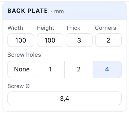 The Back plate card: width, height, thick, corners, screw holes and screw diameter