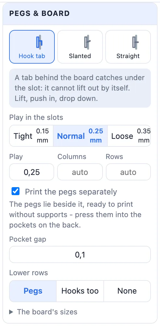Print the pegs separately ticked, with the pocket gap