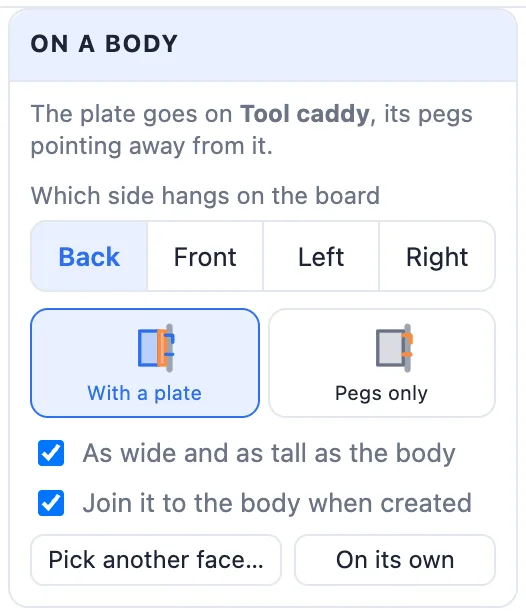 The On a body card: which side hangs on the board, with a plate or pegs only, as wide and as tall as the body, join it, pick another face and on its own