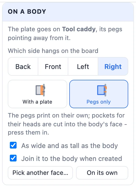 The On a body card with Pegs only chosen, explaining that pockets are cut into the body's face