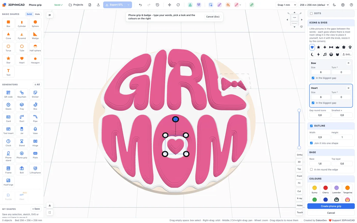 The Phone grip generator in 3DPrintCAD: a pink GIRL MOM badge with a heart and a bow, its settings on the right