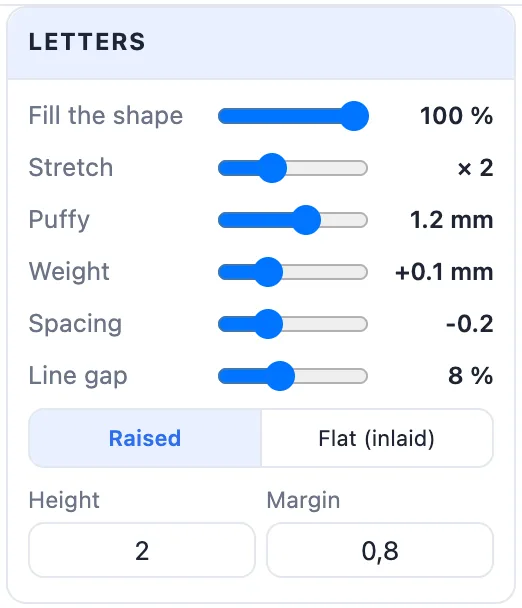 The Letters card: sliders for Fill the shape, Stretch, Puffy, Weight, Spacing and Line gap, Raised or Flat, Height and Margin