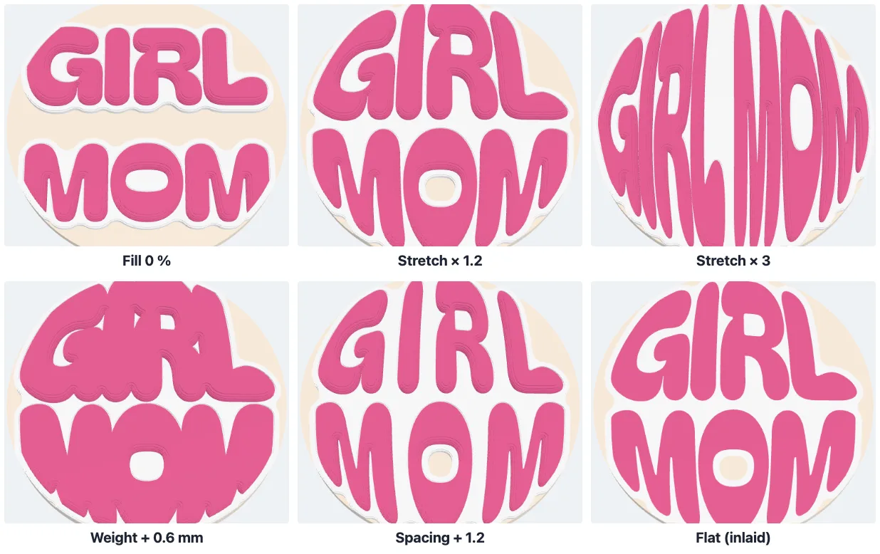 GIRL MOM with fill 0, stretch 1.2 and 3, extra weight, wider spacing and inlaid flat