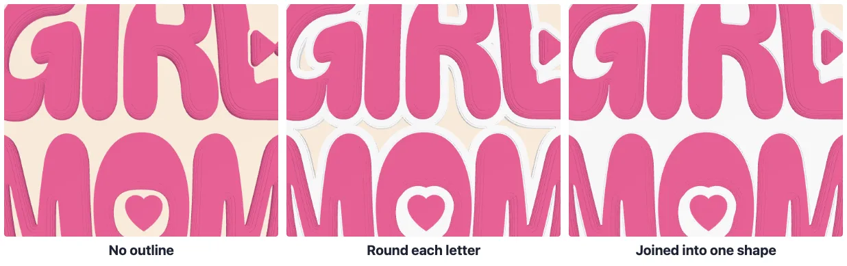 No outline, an outline round each letter, and an outline joined into one shape