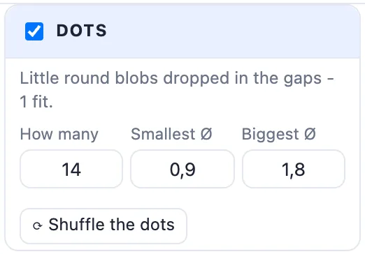The Dots card: How many, Smallest and Biggest diameter, and Shuffle the dots