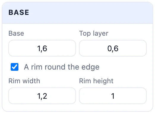 The Base card: Base, Top layer, A rim round the edge, Rim width and Rim height