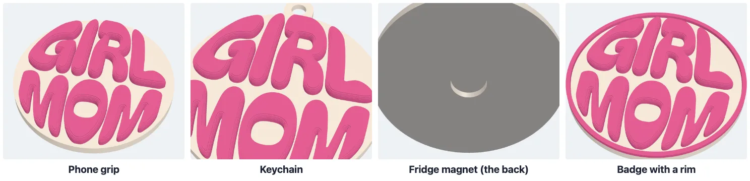 The same badge as a phone grip, a keychain with a tab, the back of a fridge magnet with its pocket, and a badge with a rim