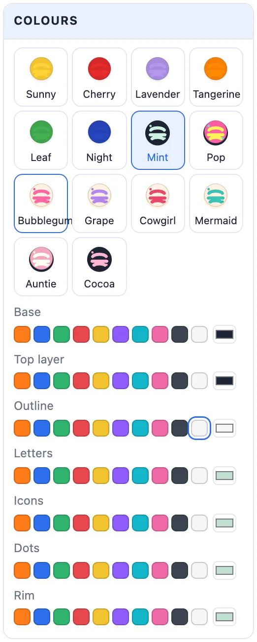 The Colours card: the theme tiles and a row of swatches for each layer