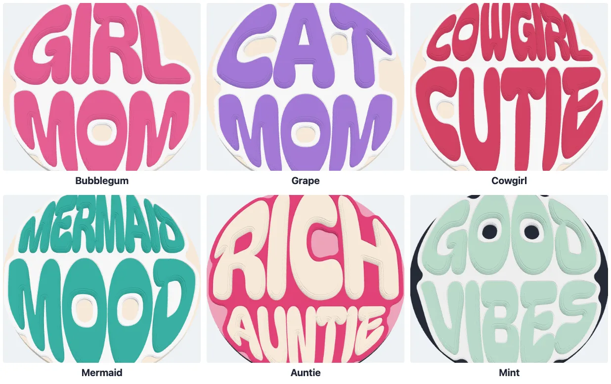 Six badges in the Bubblegum, Grape, Cowgirl, Mermaid, Auntie and Mint themes