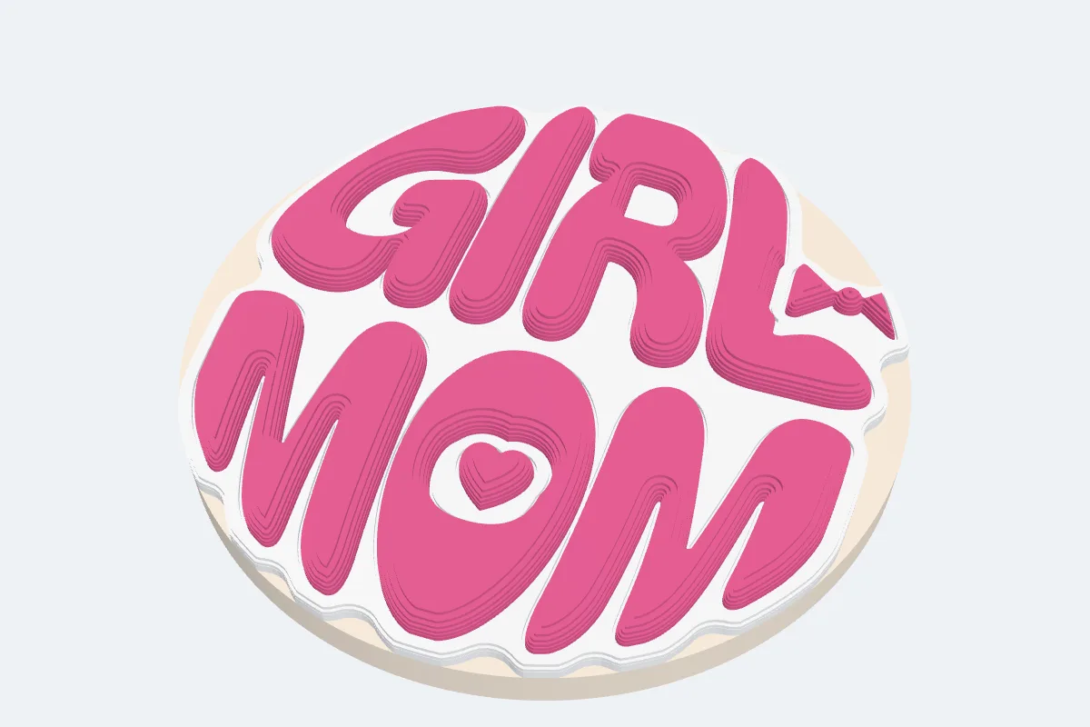A pink and white GIRL MOM phone grip badge in puffy letters with a heart and a bow in the gaps
