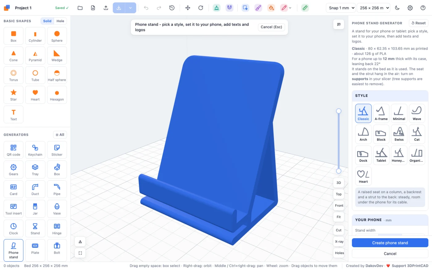 The Phone stand generator in 3DPrintCAD: a blue classic stand on the bed, its settings on the right