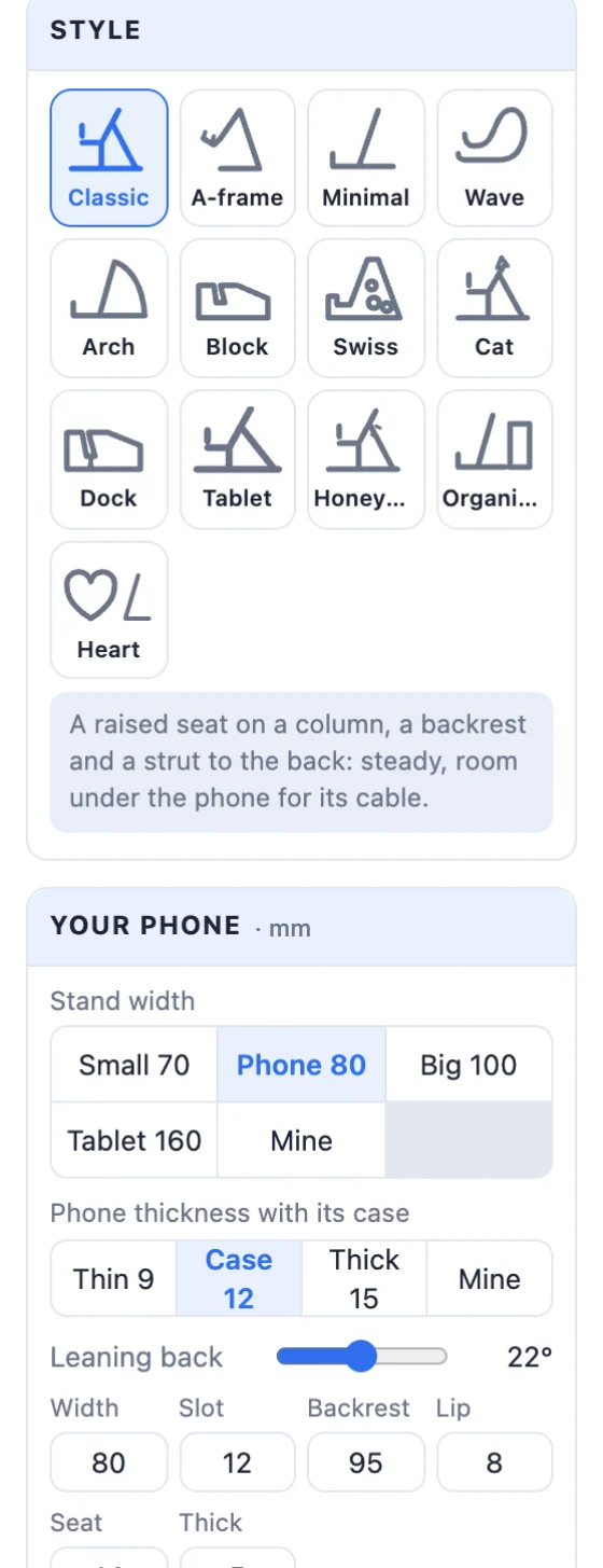 The top of the Phone stand panel: the style cards and Your phone, with width and thickness buttons and the angle slider