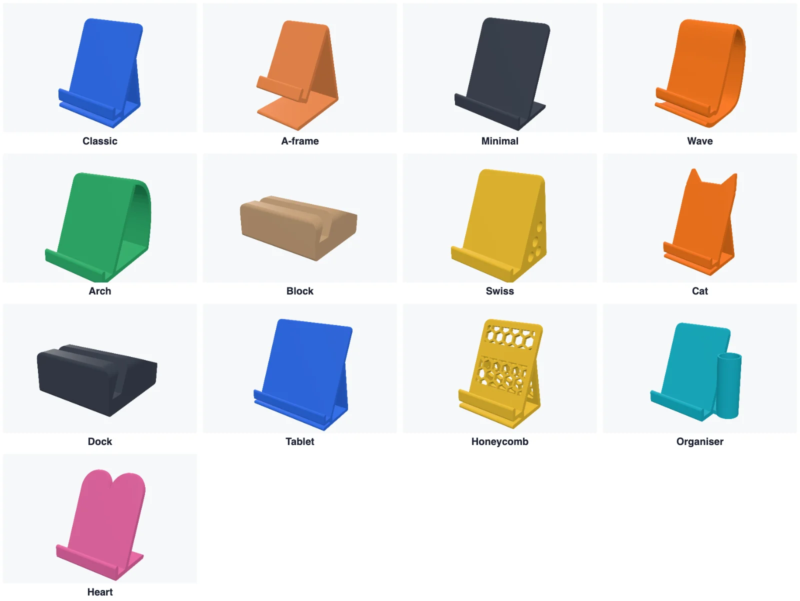 The 13 phone stand styles: classic, A-frame, minimal, wave, arch, block, Swiss, cat, dock, tablet, honeycomb, organiser and heart