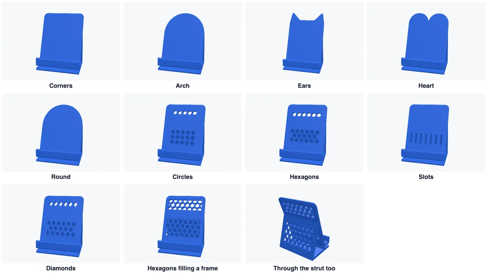 Five outlines seen from the front and hole patterns through the backrest: circles, hexagons, slots, diamonds, a frame and through the strut