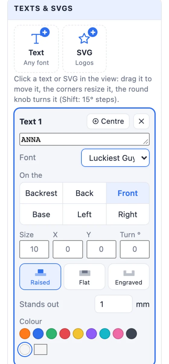 The text's card: the text, font, which face, size, X, Y, turn, raised, flat or engraved, depth and colour