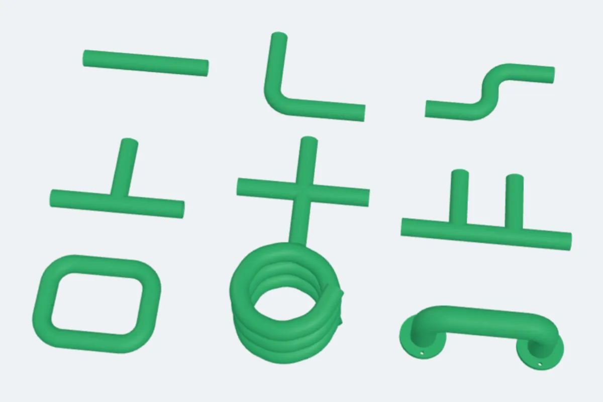 Nine pipe templates: straight, elbow, S bend, tee, cross, manifold, frame, spiral and handle