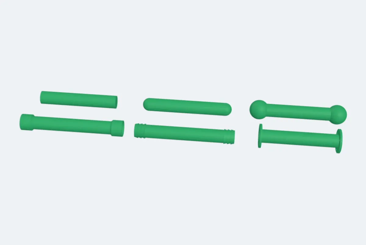 Six pipes with a cap, a dome, a ball, a socket, a hose barb and a flange