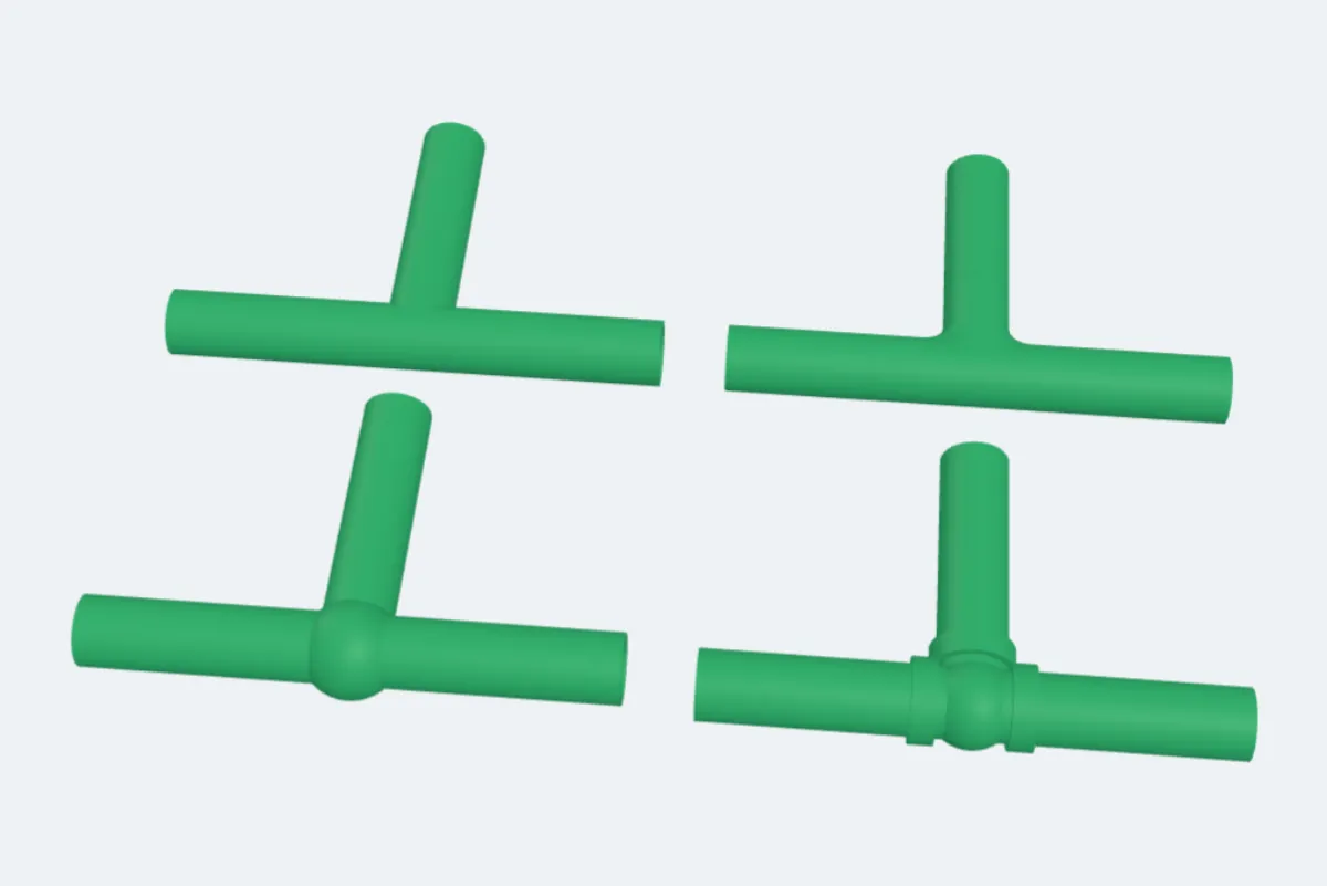 Four tees: a normal junction, a smooth one, a ball and a fitting