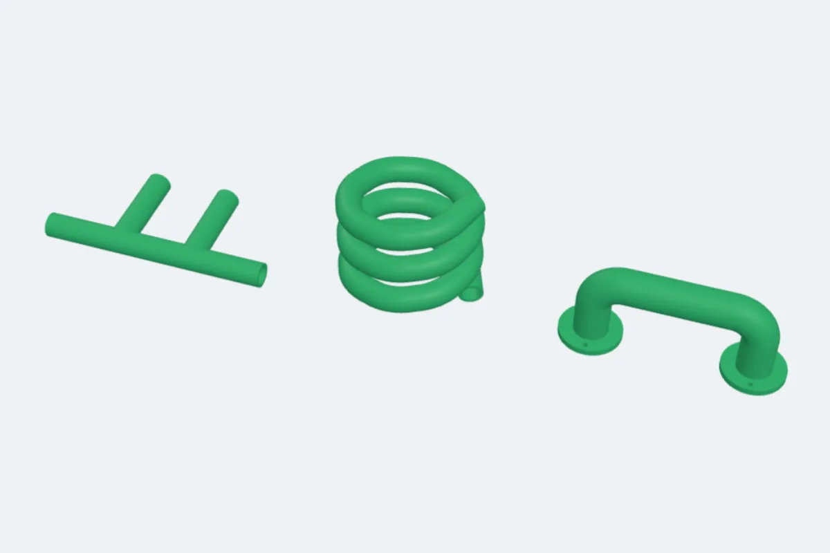 A manifold of pipes, a 3D spiral and a handle