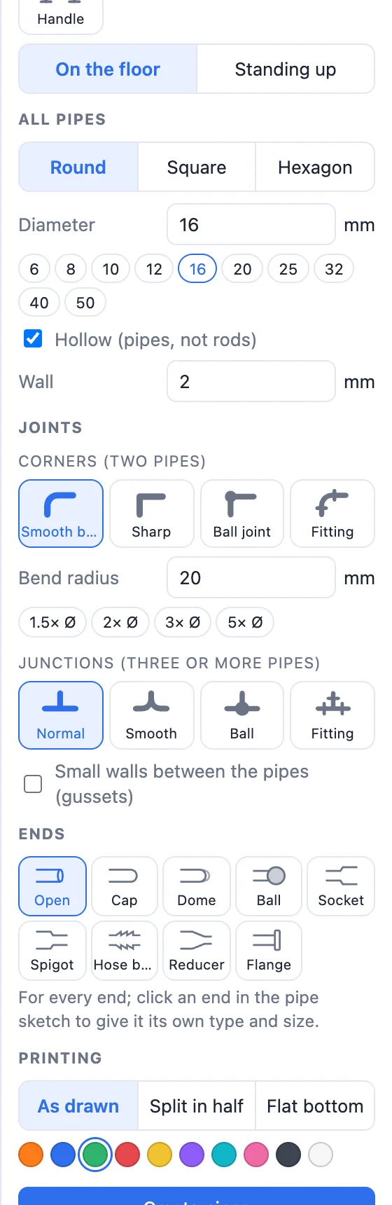 The pipe panel: all pipes (section, diameter, hollow, wall), corners, junctions, ends and printing