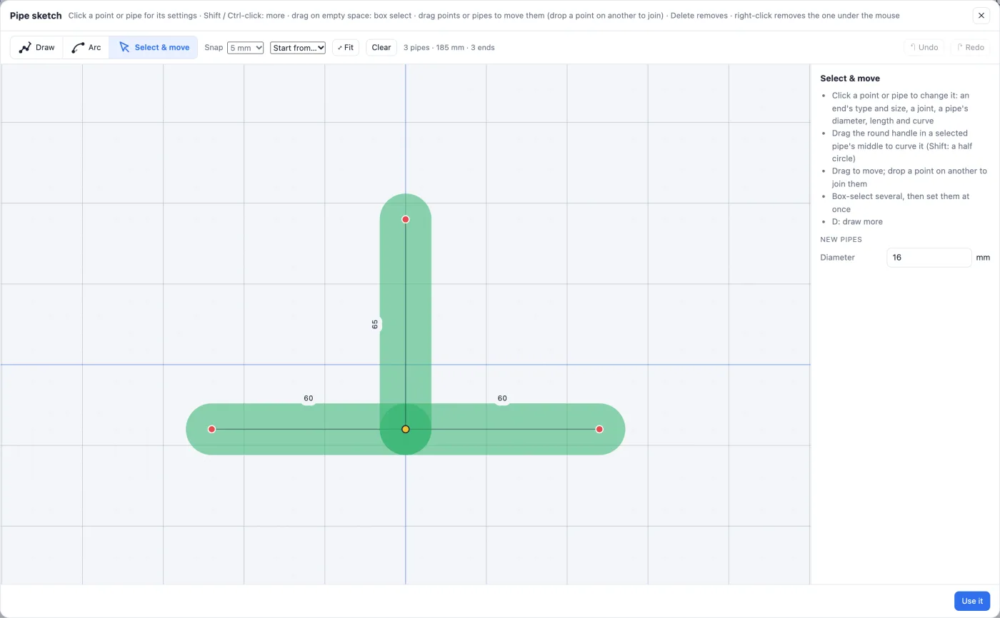 The pipe sketch: a tee of pipes drawn from above with their lengths, the draw, arc and select tools and the side panel