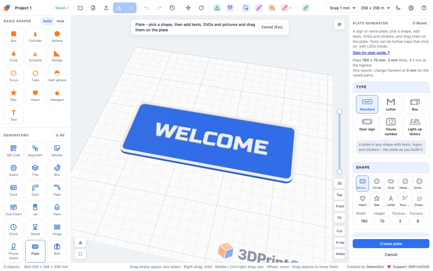 The Plate generator in 3DPrintCAD: a blue plate with a white border and the word WELCOME, its settings on the right