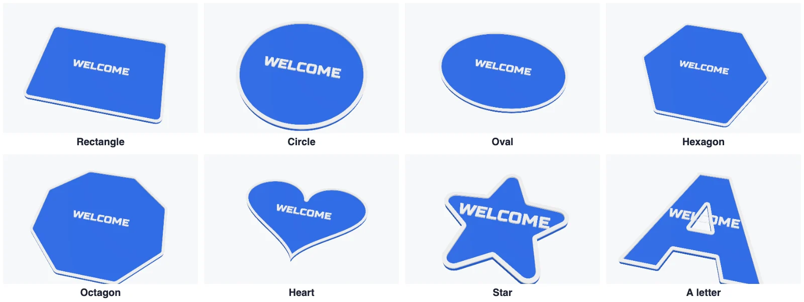 Plates in eight shapes: rectangle, circle, oval, hexagon, octagon, heart, star and a letter A