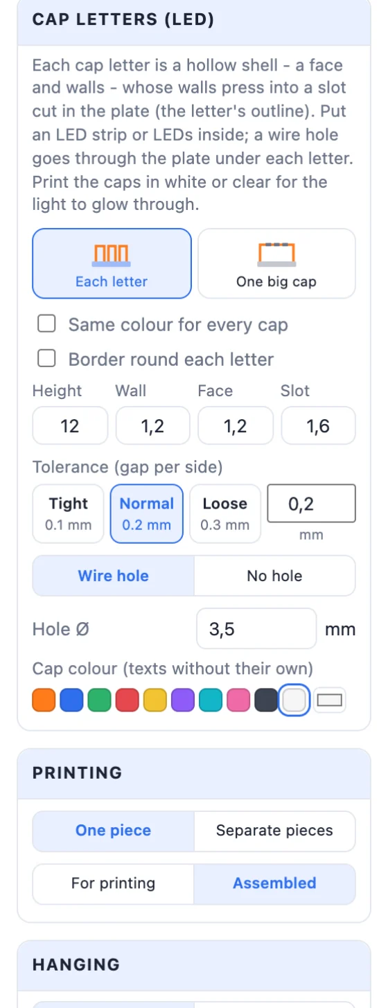 The Cap letters card: one per letter or one big cap, height, wall, face, slot, tolerance, LED hole, colours and borders