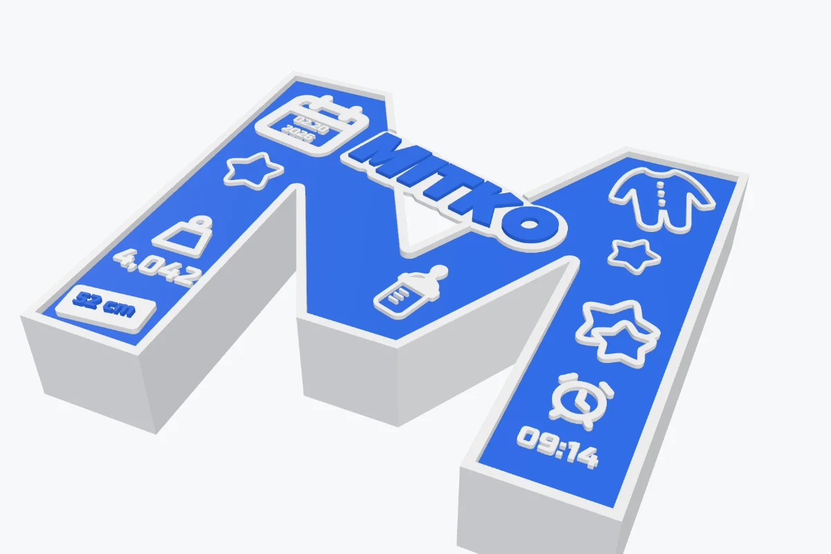 The Birth letter template: a blue M with a white border, the name Mitko on a white tag, a calendar with the date, stars, baby clothes, a bottle, the weight, the length and the time
