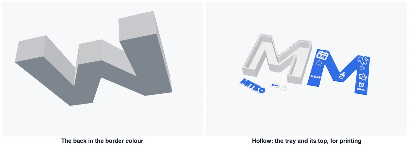 A letter seen from below with its back in the border colour, and a hollow letter's tray and lid laid out for printing