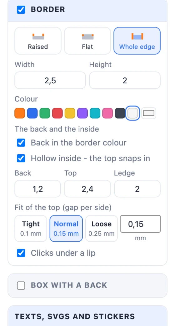 The Back and the inside options: back in the border colour, hollow inside, back, top and ledge thickness, fit and lip
