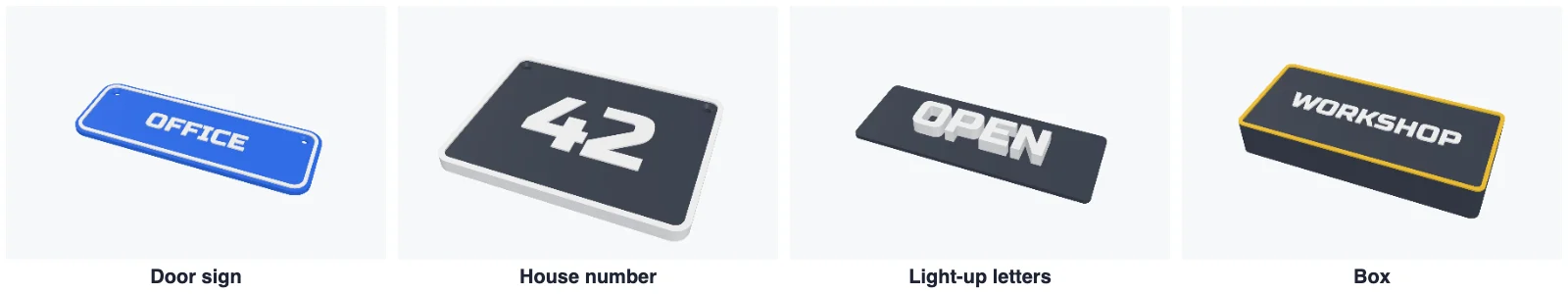 The plate types: a door sign, a house number, light-up letters and a sign box