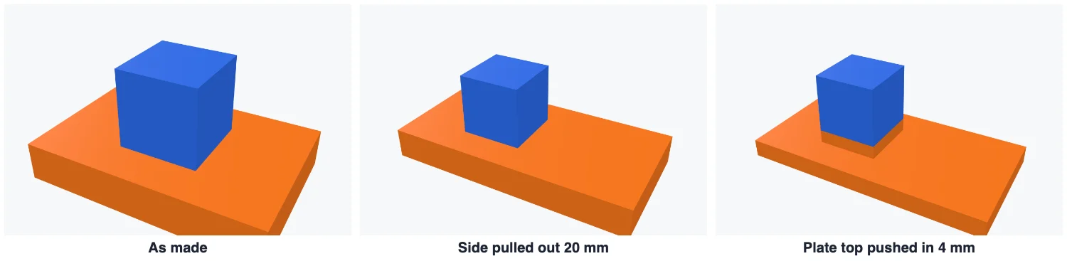 The plate and cube as made, with the plate's side pulled out 20 mm, and with the plate's top pushed in 4 mm leaving the cube on a column
