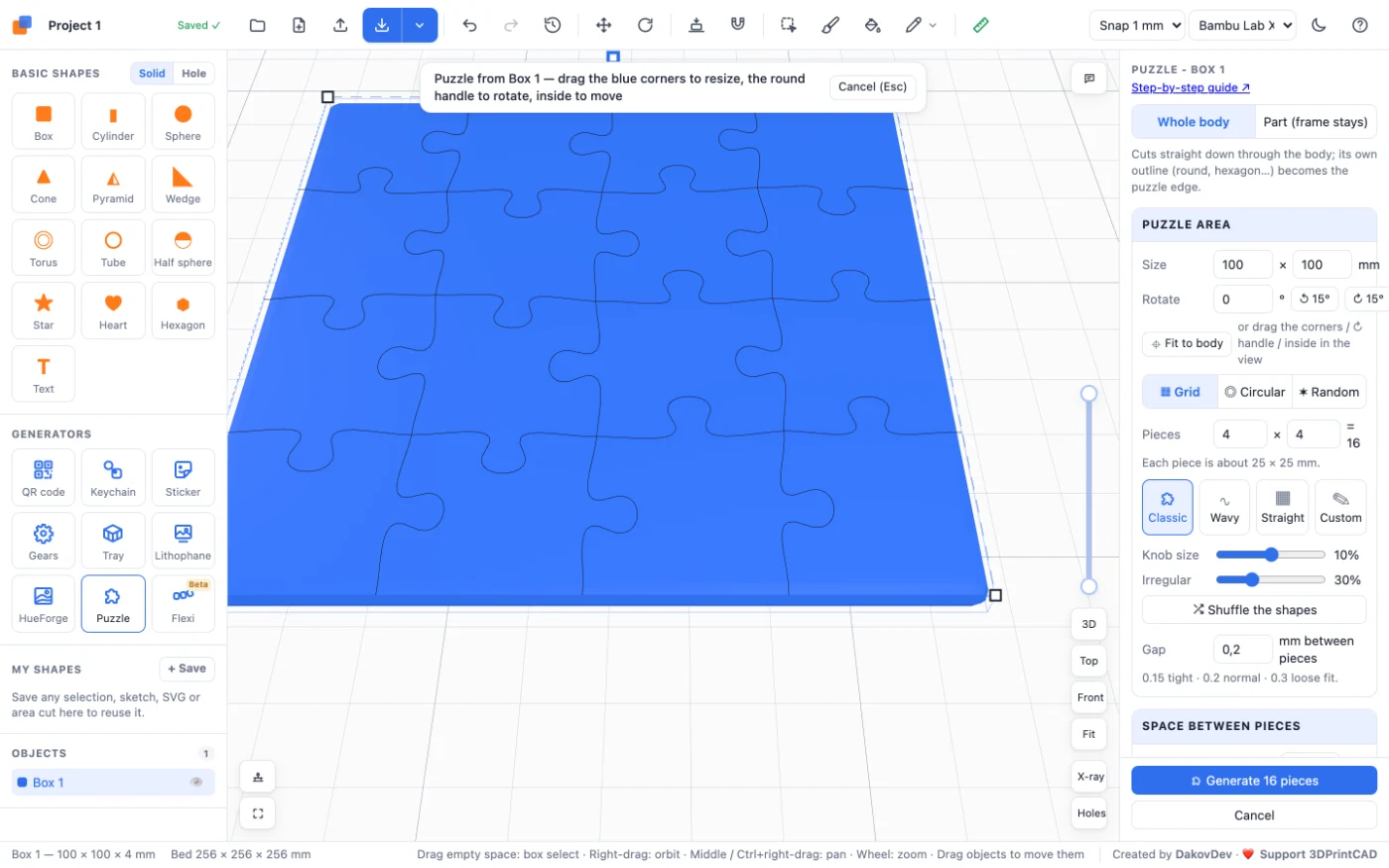 The 3DPrintCAD puzzle generator: a blue plate with a 4 by 4 puzzle outline and the settings on the right