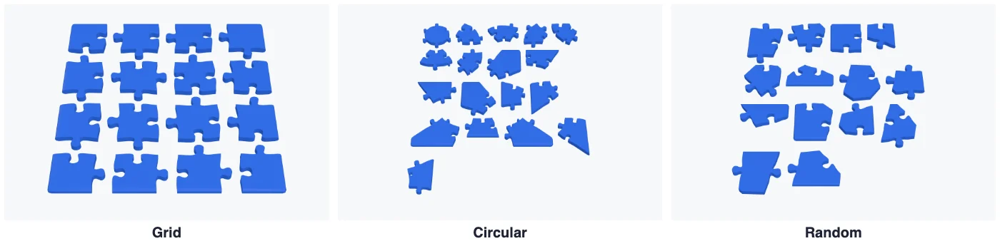 The same plate cut as a grid puzzle, a circular puzzle and a random puzzle