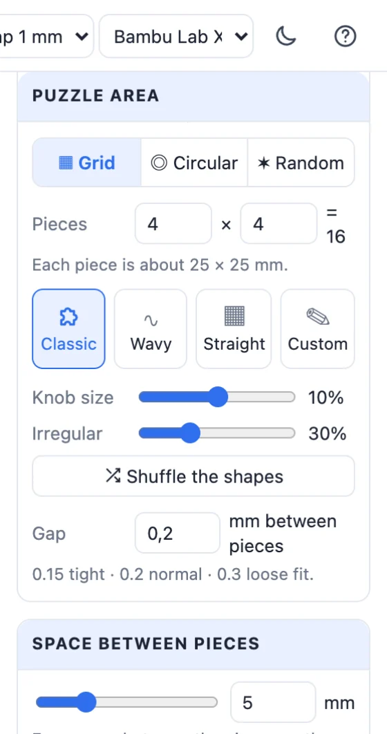 Puzzle settings: layout, pieces, knob style with Classic, Wavy, Straight and Custom, knob size, irregular, shuffle and gap