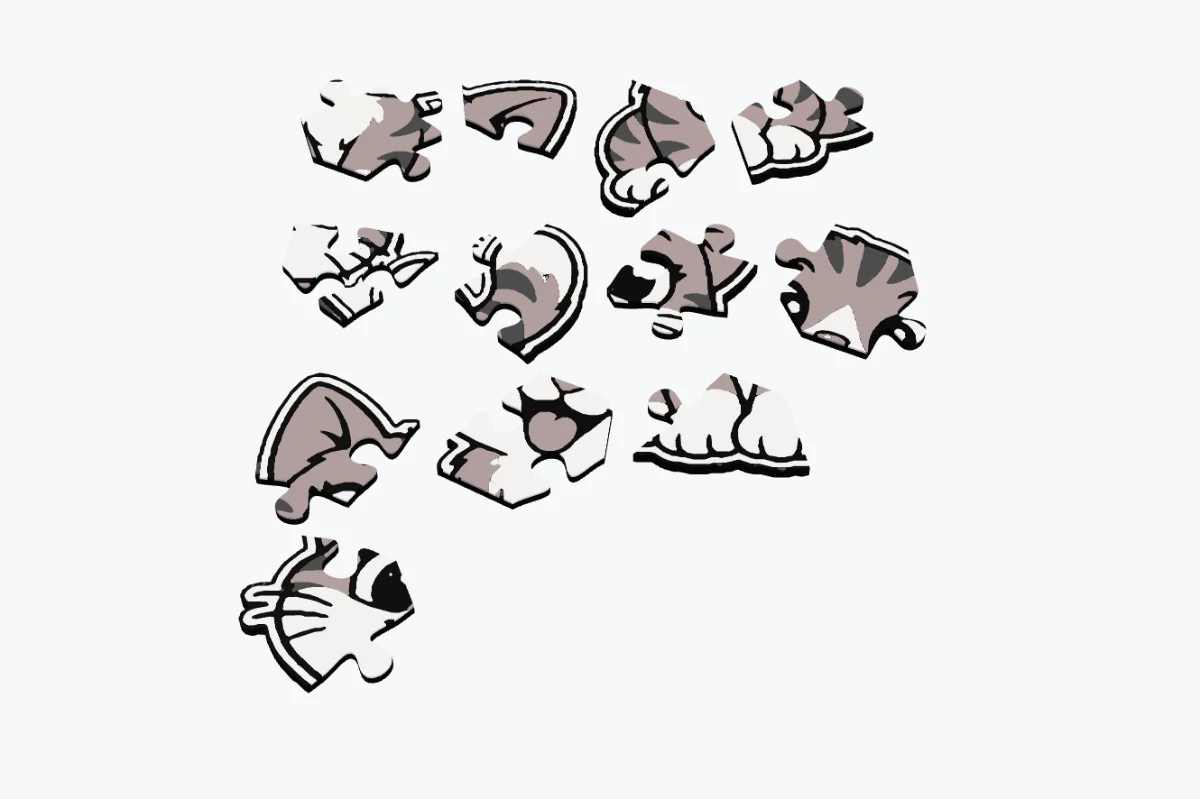 A multi-colour cat sticker cut into twelve random puzzle pieces, each keeping its colours