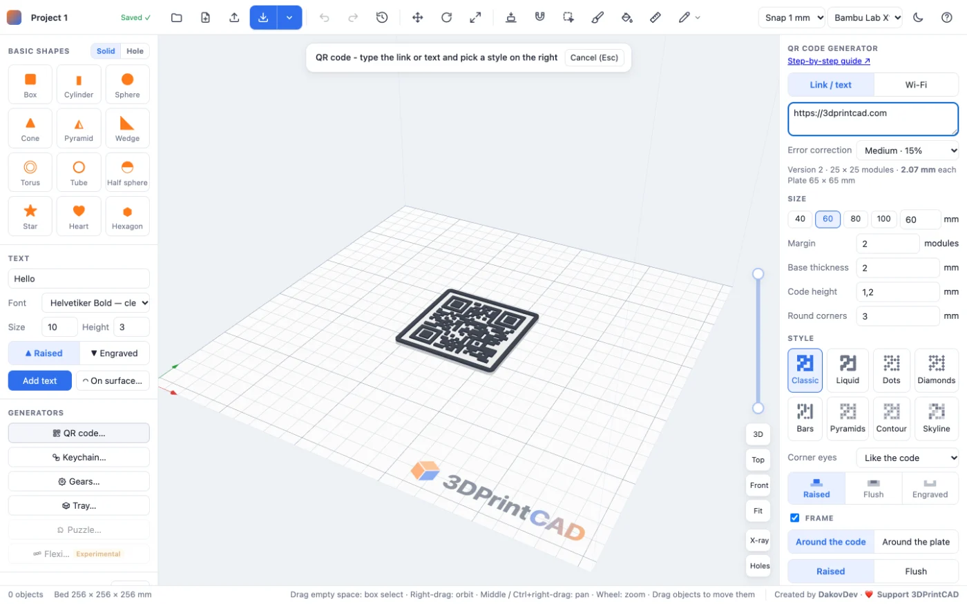 The 3DPrintCAD QR code generator: settings on the right, a live 3D preview of the QR code plate in the middle