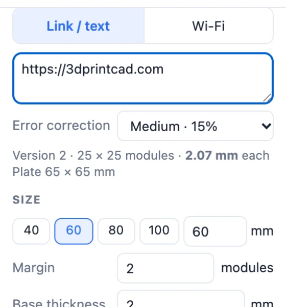 QR code content settings: link or text, Wi-Fi, error correction and the module size