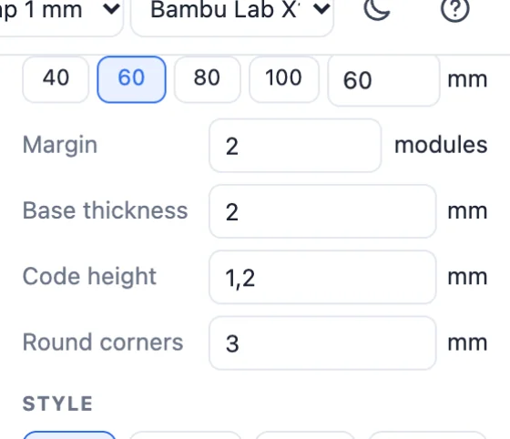 QR code size settings: size presets, margin, base thickness and code height